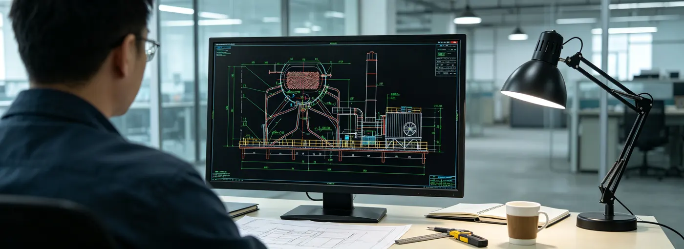 Инженер Xinli разрабатывает компоновку котельной на пищевом предприятии в CAD-программе